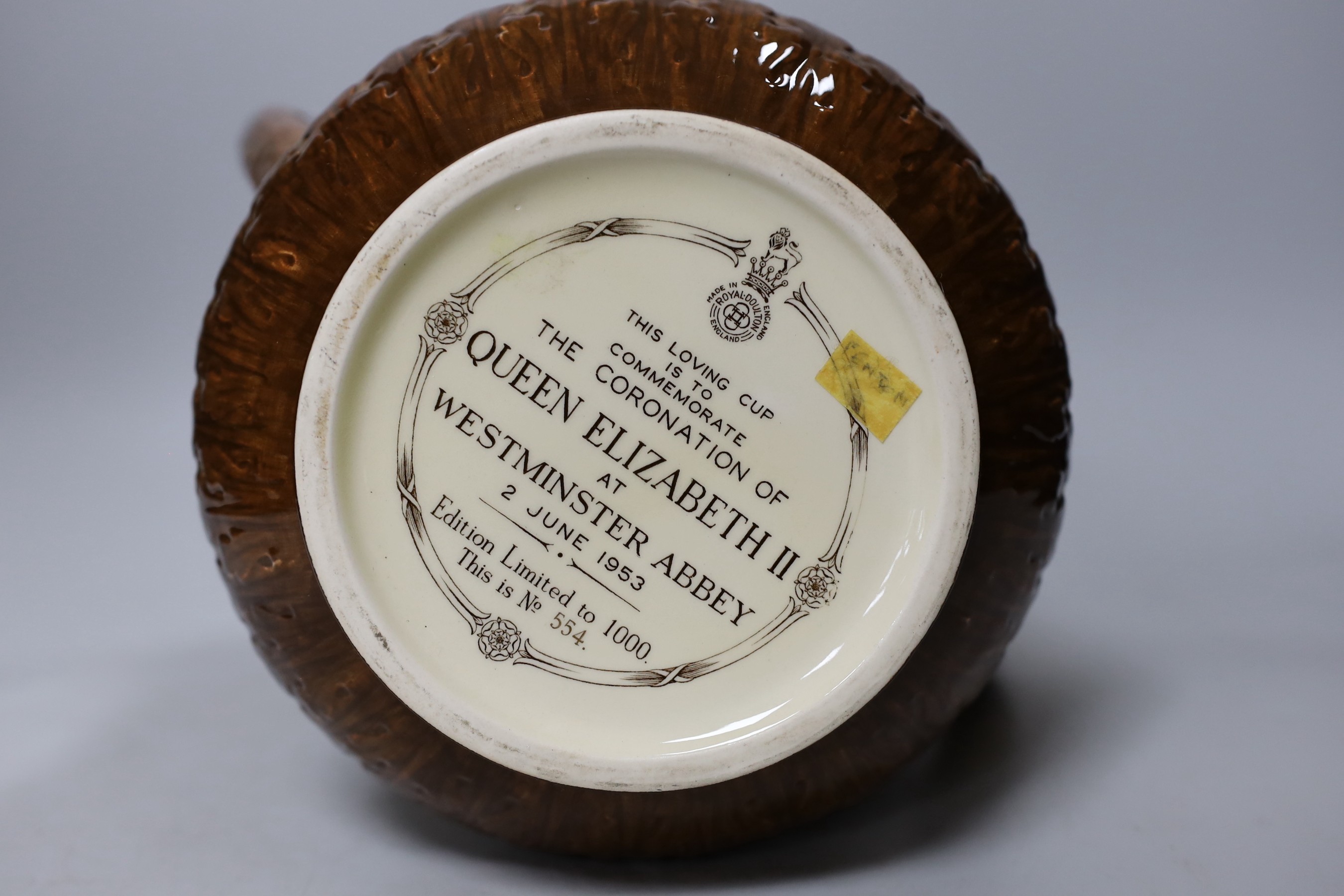 A Royal Doulton loving cup, Elizabeth II Coronation June 1953, 554 of 1000 with certificate signed by Art Director, Cecil J Noke, 27cms high